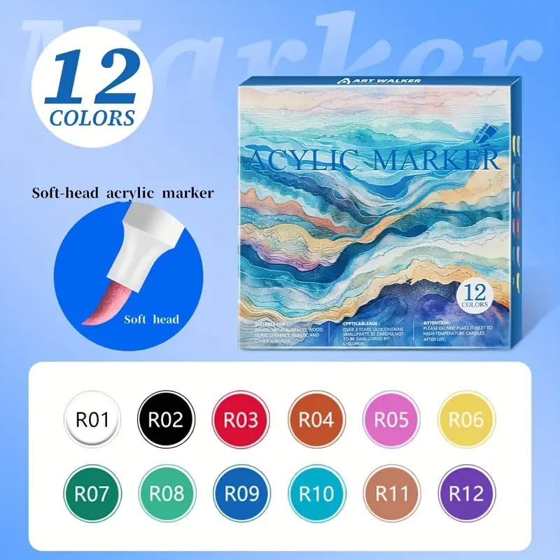 ART WALKER Acrylic Paint Marker Pen, Metallic Colors Medium Point Tip Art Markers, Marker Pen Set for Rocks, Ceramic, Glass, Wood, Fabric, Canvas, Mugs (Pack Of 1) (12Pcs Acrylic Marker) - Image 2