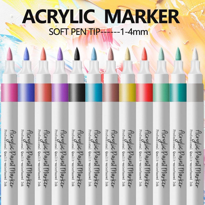 ART WALKER Acrylic Paint Marker Pen, Metallic Colors Medium Point Tip Art Markers, Marker Pen Set for Rocks, Ceramic, Glass, Wood, Fabric, Canvas, Mugs (Pack Of 1) (12Pcs Acrylic Marker) - Image 1