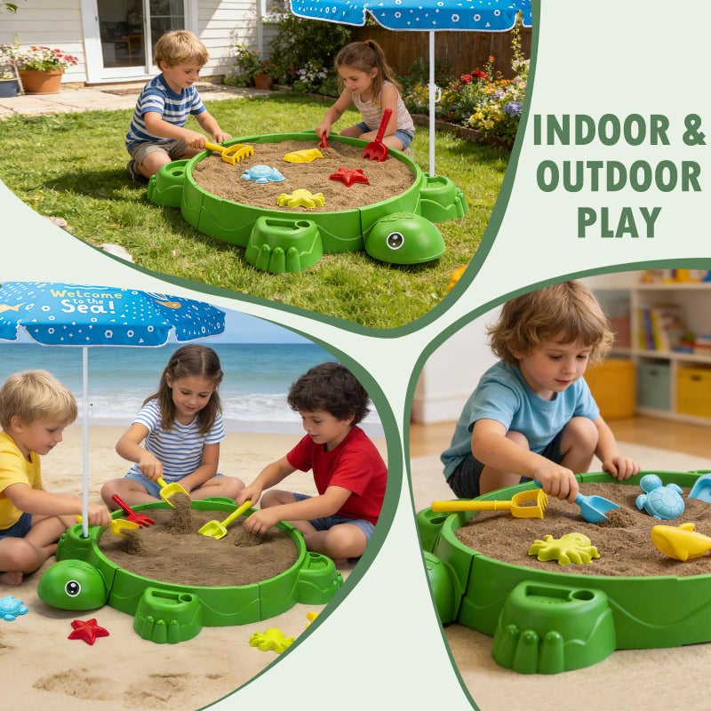 VROGTIK Turtle Sandbox with Lid & Umbrella, 38" Kids Sandbox with Beach Toys Set, Safe Sensory Play Sand Box for Toddlers, Indoor Outdoor Backyard Summer Gift for Ages 3-8 - Image 5