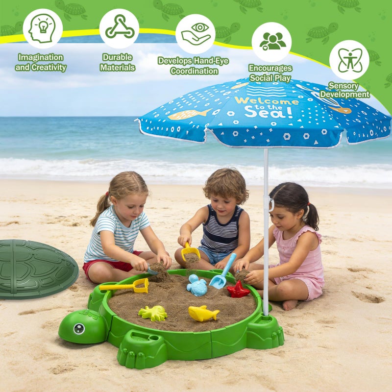 VROGTIK Turtle Sandbox with Lid & Umbrella, 38" Kids Sandbox with Beach Toys Set, Safe Sensory Play Sand Box for Toddlers, Indoor Outdoor Backyard Summer Gift for Ages 3-8 - Image 2