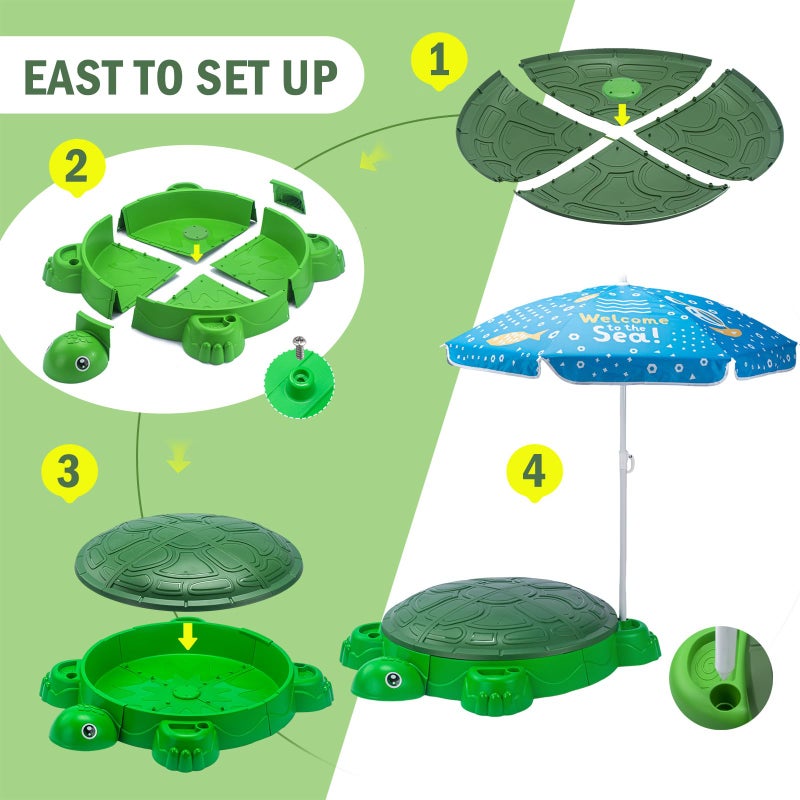 VROGTIK Turtle Sandbox with Lid & Umbrella, 38" Kids Sandbox with Beach Toys Set, Safe Sensory Play Sand Box for Toddlers, Indoor Outdoor Backyard Summer Gift for Ages 3-8 - Image 4