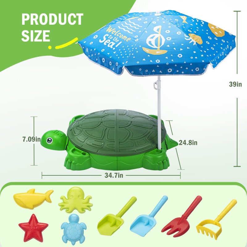 VROGTIK Turtle Sandbox with Lid & Umbrella, 38" Kids Sandbox with Beach Toys Set, Safe Sensory Play Sand Box for Toddlers, Indoor Outdoor Backyard Summer Gift for Ages 3-8 - Image 3