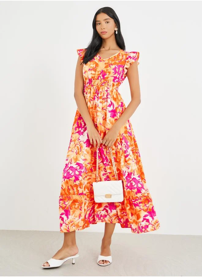 تايك تو Take Two All-Over Print V-Neck Ruffled Hem Maxi Dress