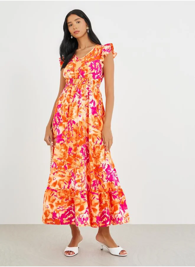 تايك تو Take Two All-Over Print V-Neck Ruffled Hem Maxi Dress