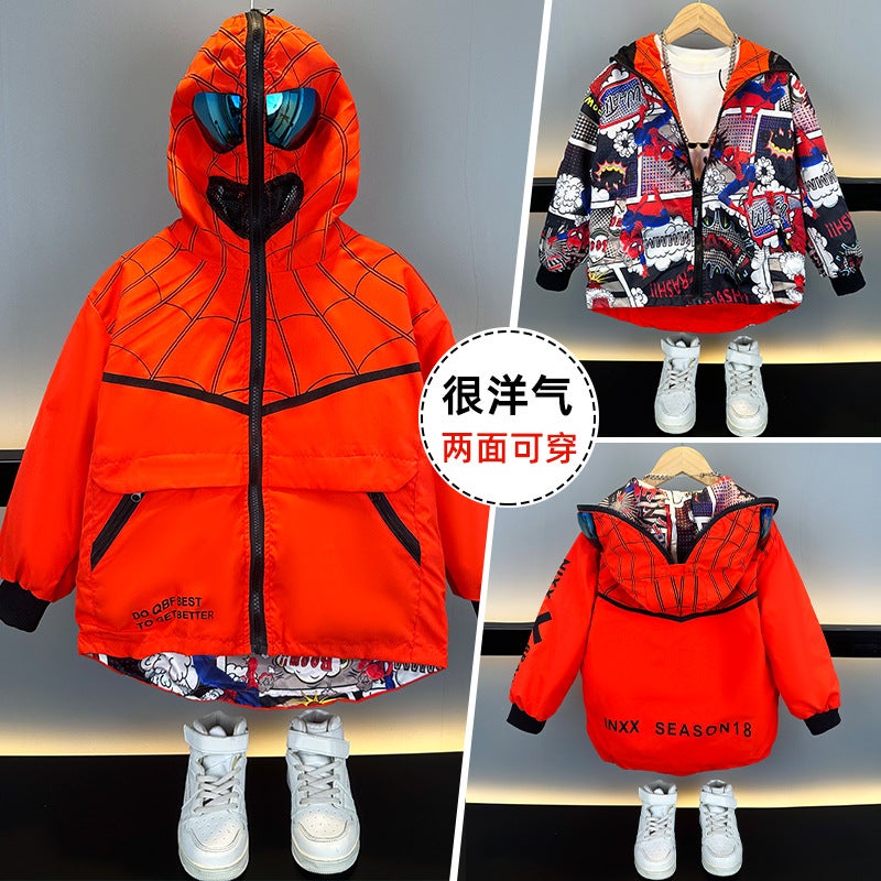 Boys' Spider-Man Jacket, Reversible Top, 2025 Spring Collection, Children'S Hooded Windbreaker With Goggles For Older Kids - Image 4