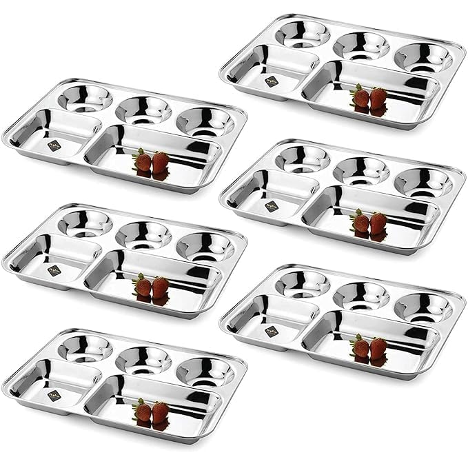 BPE Stainless Steel 5 in1 Bhojan ThaliDinner PlateRectangular Sectioned PlateTraditional Dinner PlateCompartment PlatePartition PlateSteel Thali 4 - Image 1