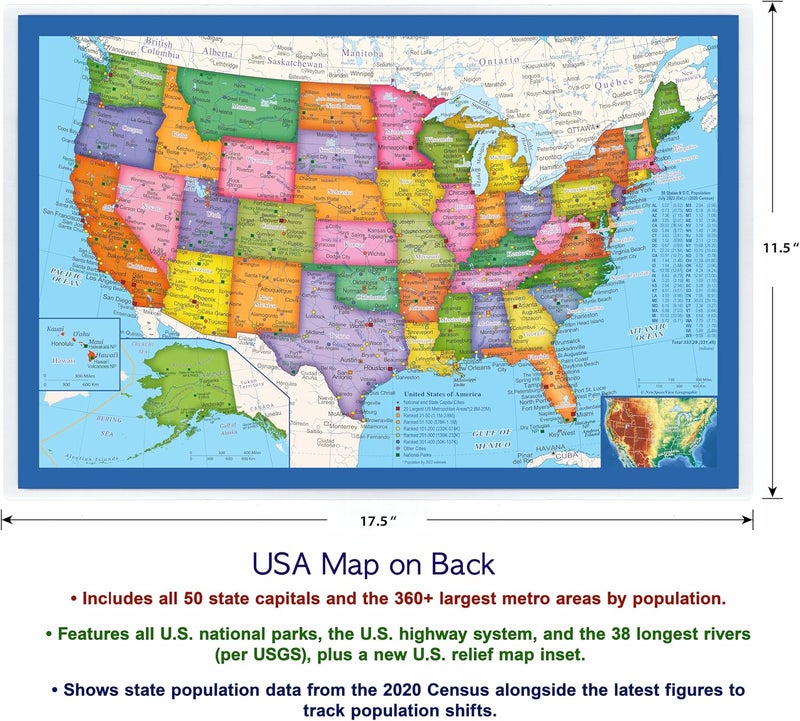 NewSpaceView 2-Sided Desk Map with Durable Lamination (2 Pack: US/US Centered World; Children's US/US Centered World) - Image 3