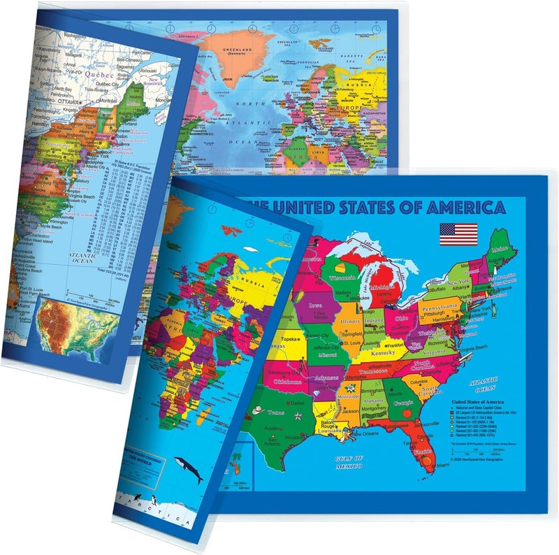 NewSpaceView 2-Sided Desk Map with Durable Lamination (2 Pack: US/US Centered World; Children's US/US Centered World) - Image 1