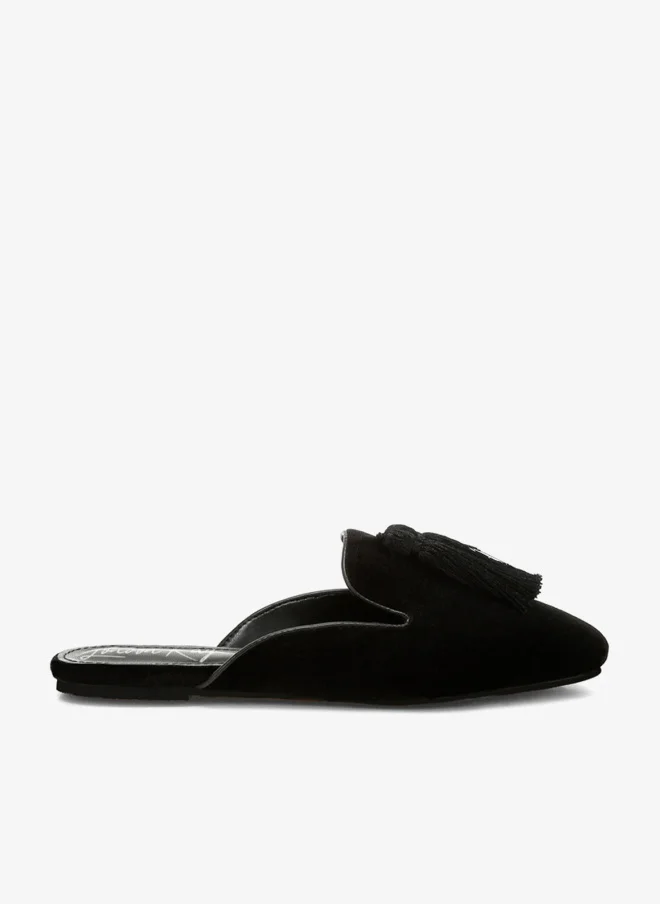 Tassel Detail Velvet Mules in Black