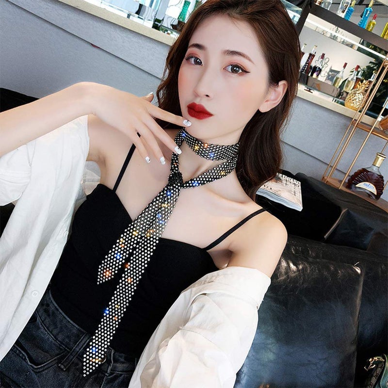 Aimimier Bohemian Long Rhinestone Necklace Black Tie with Sparkling Crystal Punk Body Waist Chain for Women - Image 3