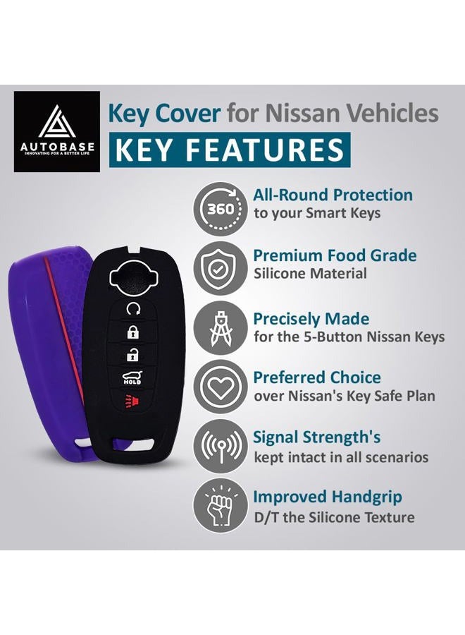 Autobase Silicone Key Fob Cover for 2023 2024 2025 Nissan Rogue Pathfinder Sentra | Rubber Remote Key Fob Protector Case with 5 Buttons - Black and Purple - 2 Pcs - Image 3