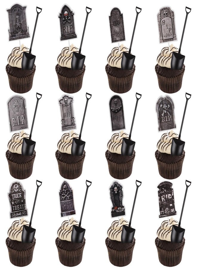 LOAVER 48 Pcs Halloween Cupcake Toppers Tombstones Graveyard with Novelty Mini Shovel Spoons for Birthday Party Supplies Halloween Cake Decoration - Image 1