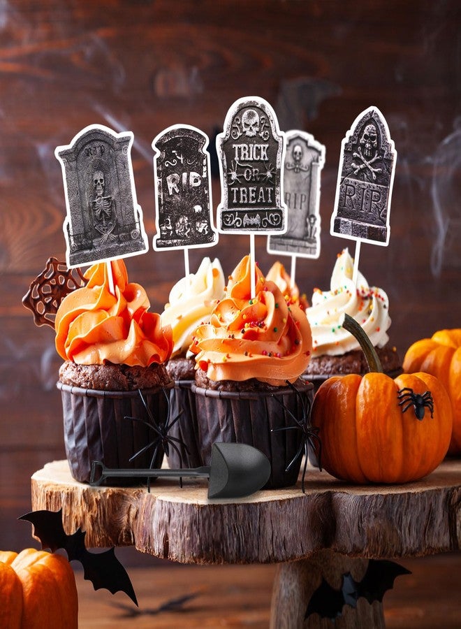 LOAVER 48 Pcs Halloween Cupcake Toppers Tombstones Graveyard with Novelty Mini Shovel Spoons for Birthday Party Supplies Halloween Cake Decoration - Image 5
