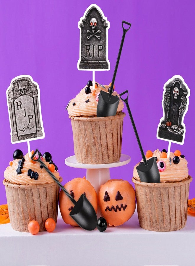 LOAVER 48 Pcs Halloween Cupcake Toppers Tombstones Graveyard with Novelty Mini Shovel Spoons for Birthday Party Supplies Halloween Cake Decoration - Image 4