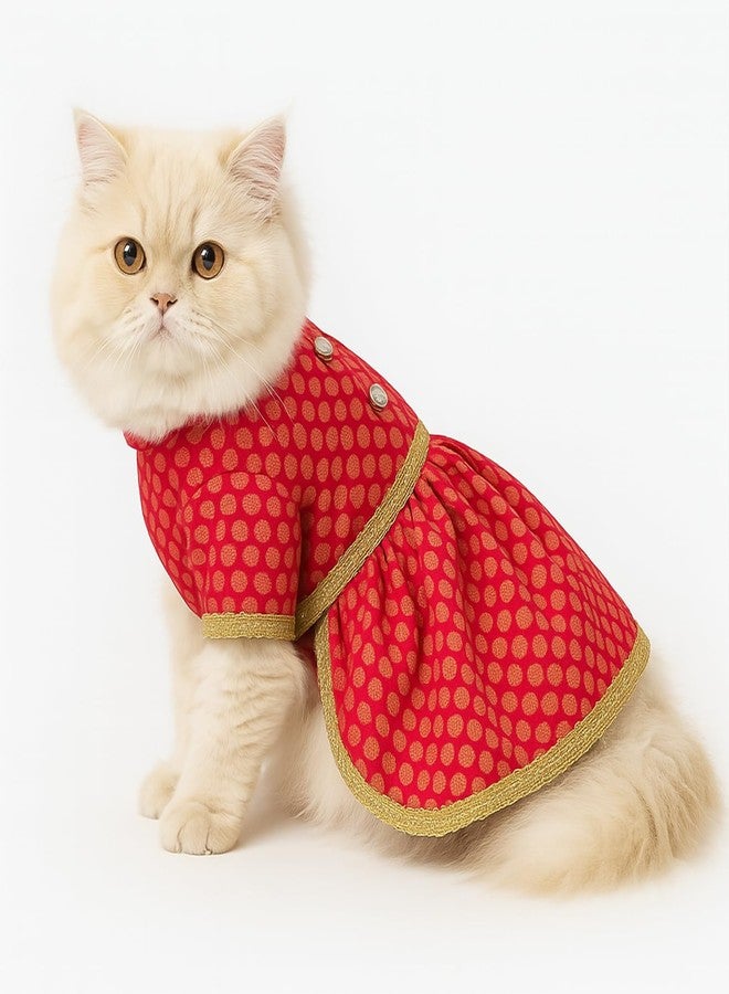 PawsIndia Traditional Royal Brocade Dress for Cats - Indian Ethnic Pet Outfit for Weddings & Festivals - Red Designer Cat Clothes - Comfortable Cat Dress for Small to Large Breeds - Image 1