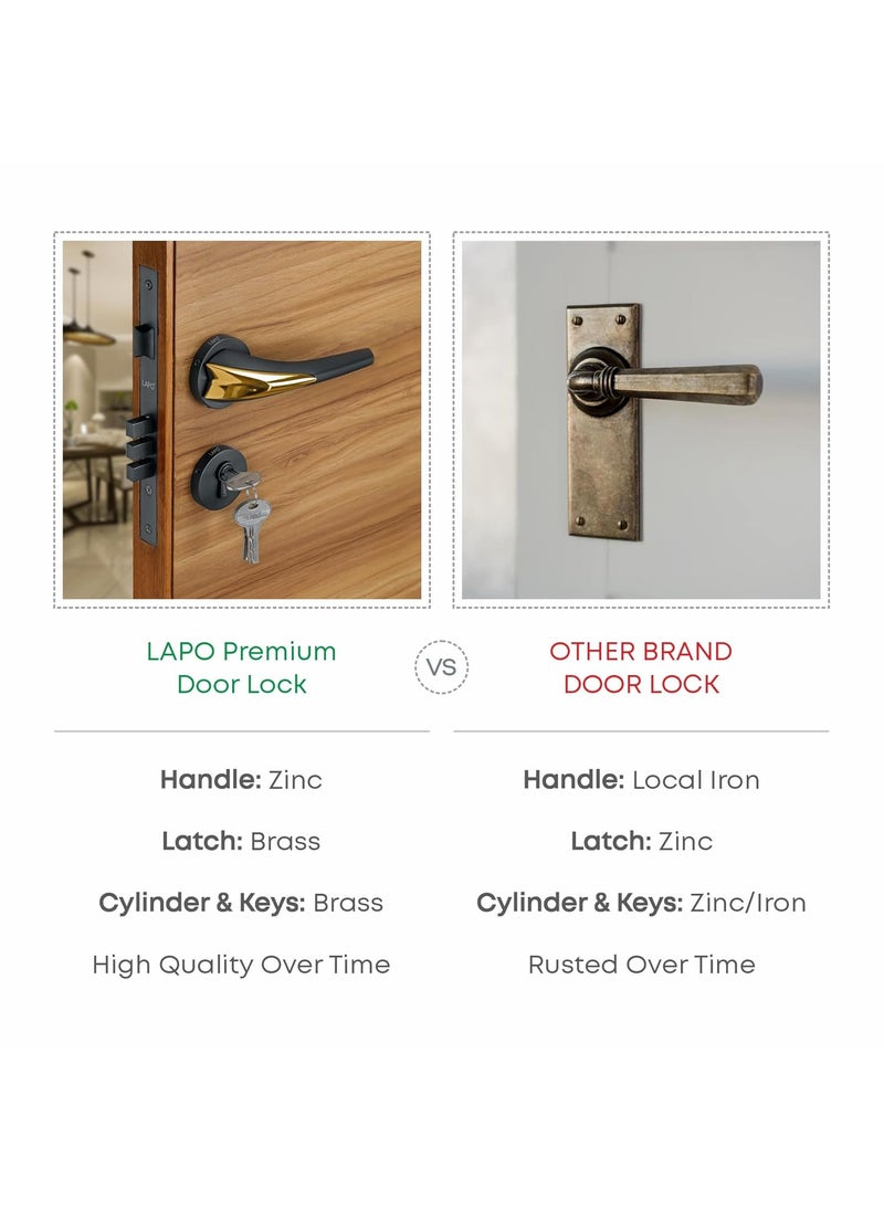 LAPO LAPO Deluxe Door Locks for Main Door Door Lock for BedroomMortise Door Lock SetDoor Lock Handlesets with 3 Brass Key for HomeOfficeHotel Black Finish 3 Years Warranty Ro104  - Image 2
