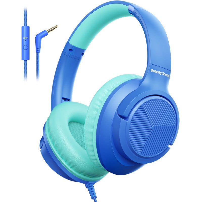 Botesty Sound Wired Headphones with Microphone, Over Ear 3.5mm Plug in Headphones with 4.9ft Tangle-Free Nylon Cord for Tablet, Laptop, MP3/4, School, Airplane Travel (Blue) - Image 1