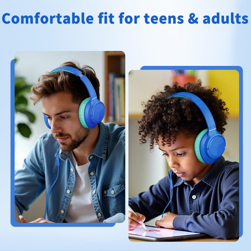 Botesty Sound Wired Headphones with Microphone, Over Ear 3.5mm Plug in Headphones with 4.9ft Tangle-Free Nylon Cord for Tablet, Laptop, MP3/4, School, Airplane Travel (Blue) - Image 2