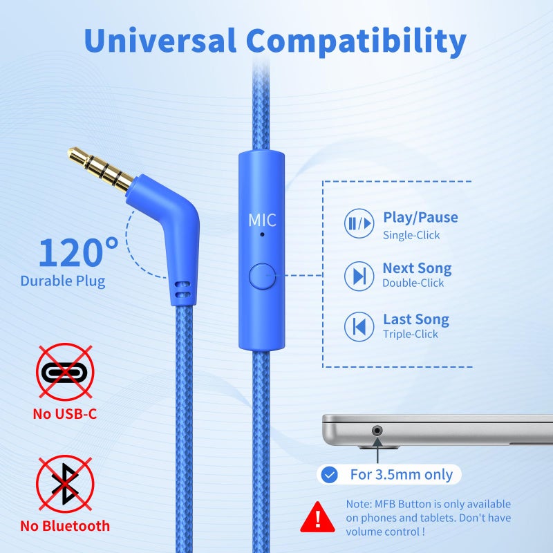 Botesty Sound Wired Headphones with Microphone, Over Ear 3.5mm Plug in Headphones with 4.9ft Tangle-Free Nylon Cord for Tablet, Laptop, MP3/4, School, Airplane Travel (Blue) - Image 4