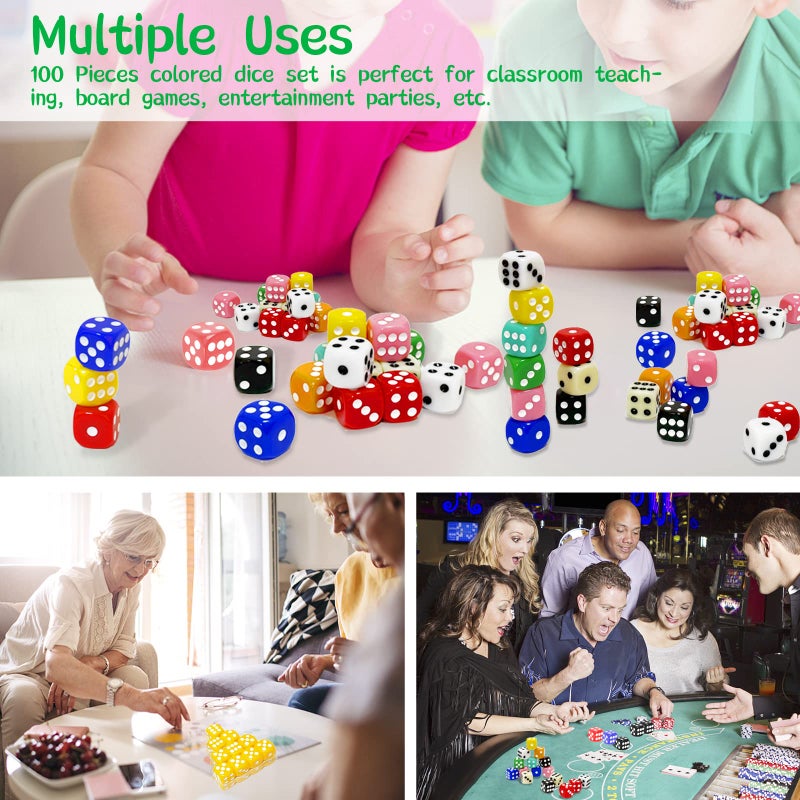 SLSESIN 100 Pieces 16MM Dice Set, 6 Sided Standard Colored Dices with Portable Plastic Box, Opaque 10 Colors Games Dice for Board Games, Parties, Classroom Math Bulk Dice - Image 4