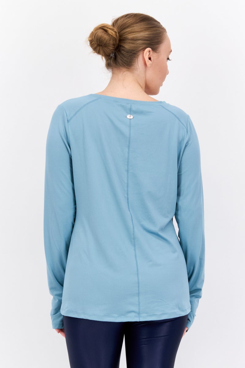 Tahari تي شيرت رياضي نسائي فضفاض بأكمام طويلة، أزرق فاتح - Image 4