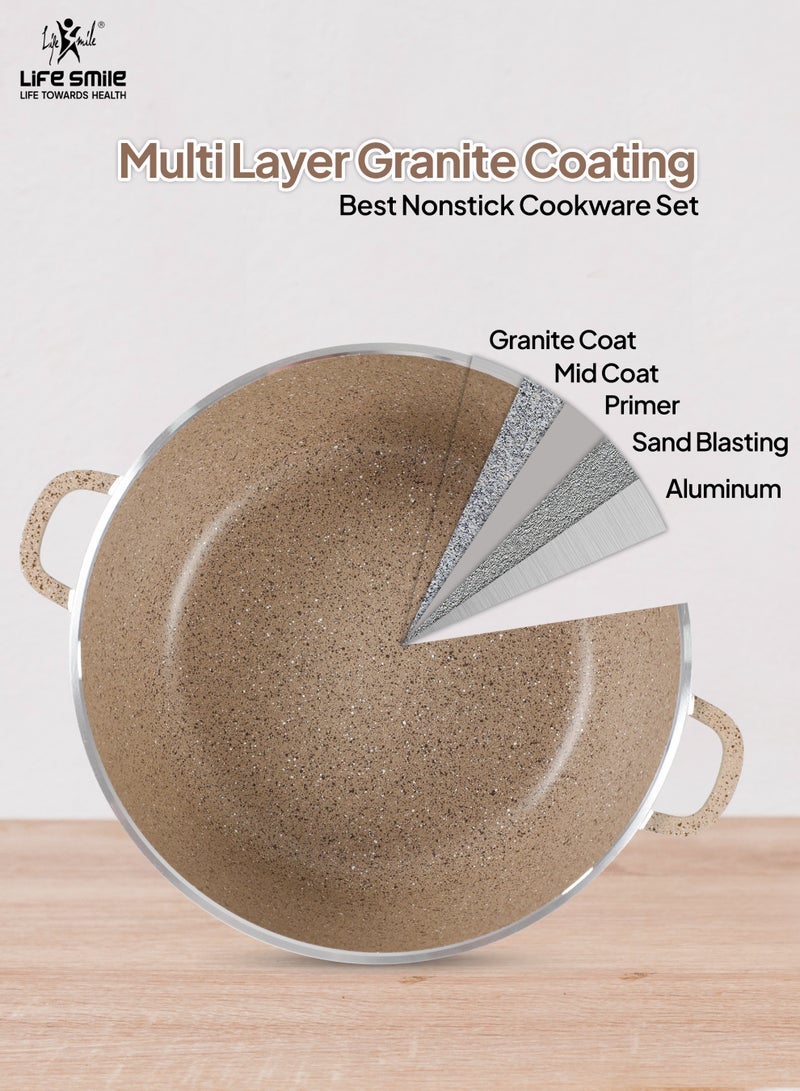 Life Smile Nonstick Cookware Set 19 Pcs Cookwares –Energy Saver Pots and Pans Set – Granite Coating Cooking Pots Set Includes 32 cm x 9.5 L Casserole with Lid, 28 cm x 6.7 L Casserole with Lid, 24 cm x 4.1 L Casserole with Lid, 20 cm x 2.3 L Casserole with Lid, 28 cm x 2.5 L Fry Pan, 20 cm x 1 L Fry Pan, 32 cm x 6.6 L Shallow Pot with Lid & Silicone Utensils - Image 4