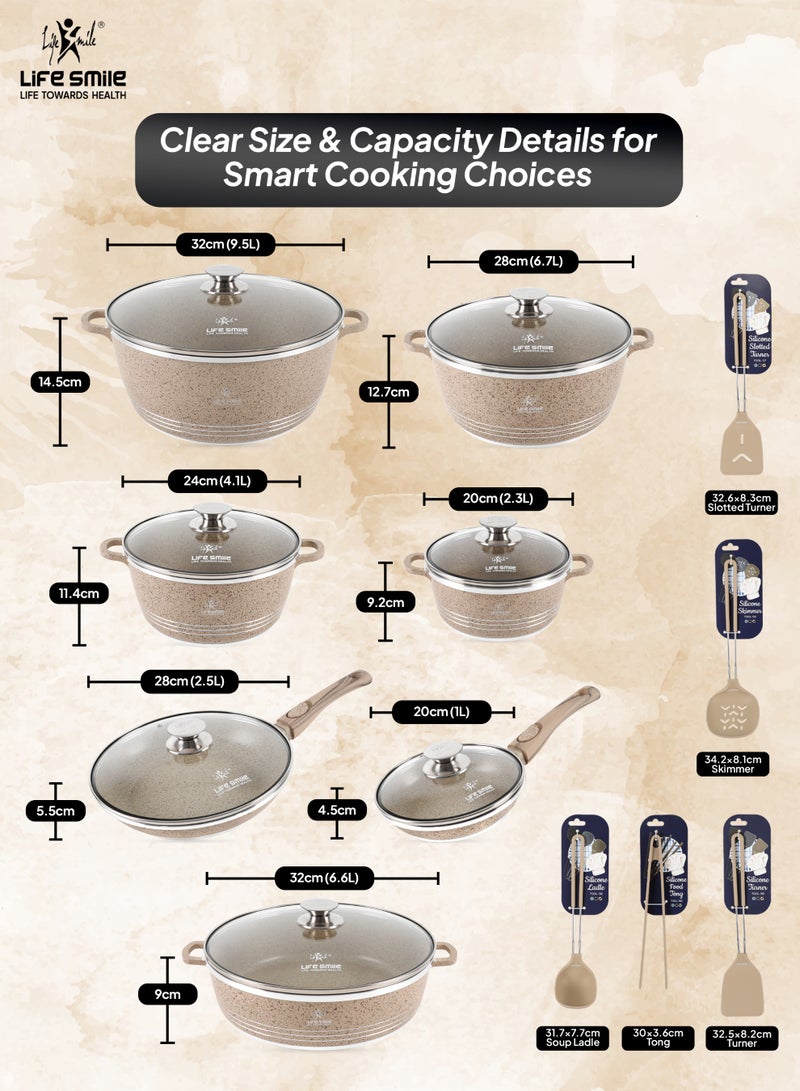Life Smile Nonstick Cookware Set 19 Pcs Cookwares –Energy Saver Pots and Pans Set – Granite Coating Cooking Pots Set Includes 32 cm x 9.5 L Casserole with Lid, 28 cm x 6.7 L Casserole with Lid, 24 cm x 4.1 L Casserole with Lid, 20 cm x 2.3 L Casserole with Lid, 28 cm x 2.5 L Fry Pan, 20 cm x 1 L Fry Pan, 32 cm x 6.6 L Shallow Pot with Lid & Silicone Utensils - Image 3