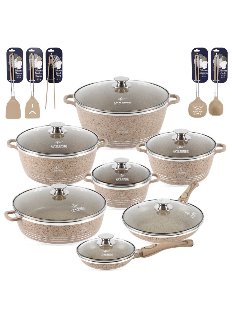 Life Smile Nonstick Cookware Set 19 Pcs Cookwares –Energy Saver Pots and Pans Set – Granite Coating Cooking Pots Set Includes 32 cm x 9.5 L Casserole with Lid, 28 cm x 6.7 L Casserole with Lid, 24 cm x 4.1 L Casserole with Lid, 20 cm x 2.3 L Casserole with Lid, 28 cm x 2.5 L Fry Pan, 20 cm x 1 L Fry Pan, 32 cm x 6.6 L Shallow Pot with Lid & Silicone Utensils - Image 1