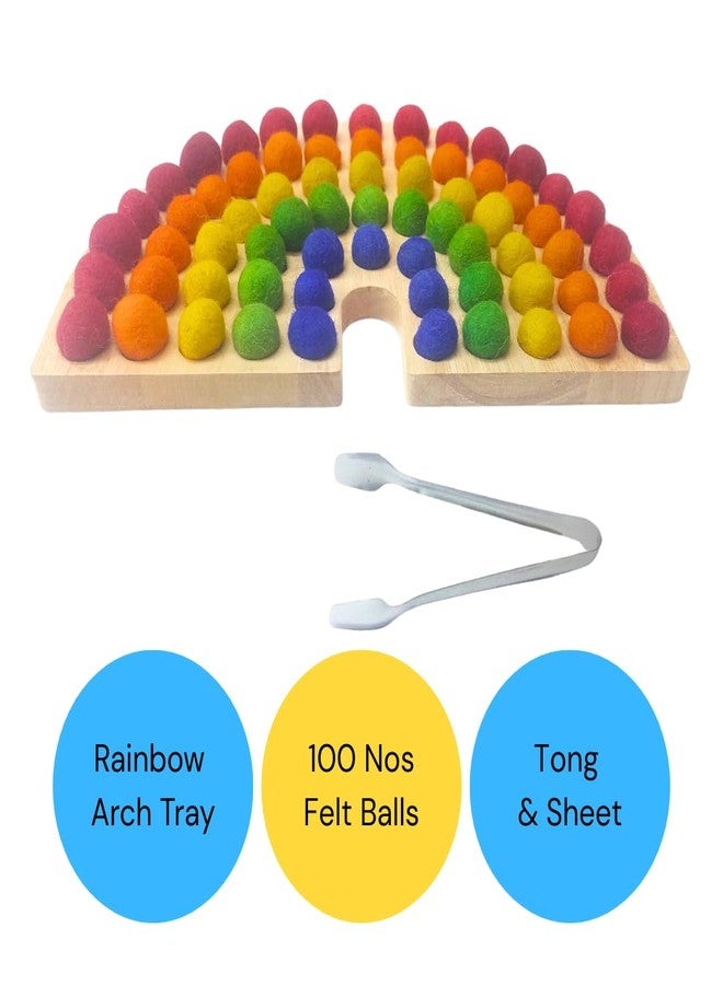 NISH Rainbow Color Sorting Arch Toy for Kids | Wooden Rainbow Hole Tray with 100 Thick Felt Balls & Metal Tong | Sensory Play & Montessori Learning Toy for Toddlers 1-3 Years - Image 4