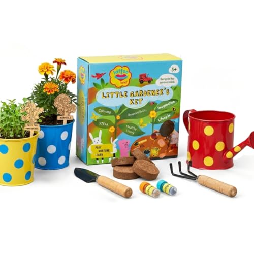Lattooland Little Gardener's Kit | Complete Gardening Set for Kids 3-8 Years Old | Gardening Tools, Metal planters, Metal Watering can, Soil, Seeds, Plant Markers | Flower Grow Set | Birthday Gift - Image 1