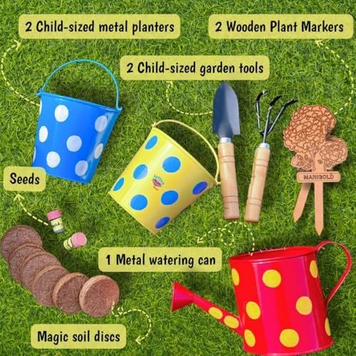 Lattooland Little Gardener's Kit | Complete Gardening Set for Kids 3-8 Years Old | Gardening Tools, Metal planters, Metal Watering can, Soil, Seeds, Plant Markers | Flower Grow Set | Birthday Gift - Image 3
