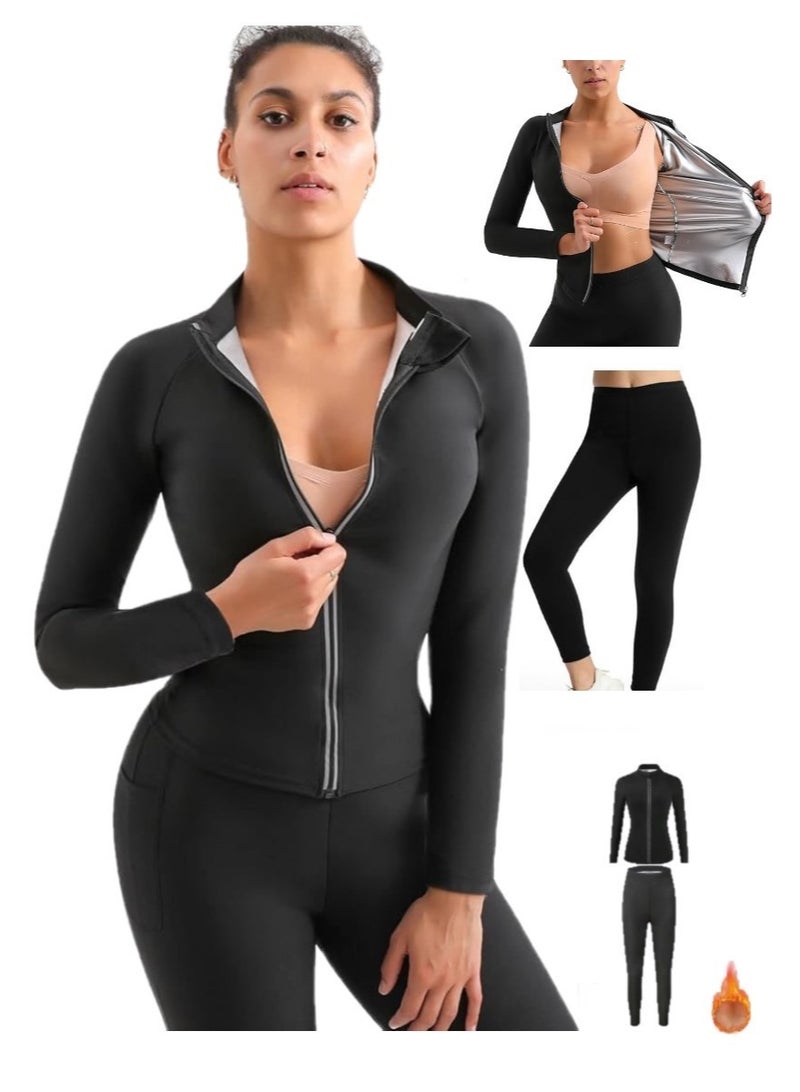 RATSAW Women Sauna Suit 2-Piece Set with Jacket and Pants Weight Loss Gym Sweat Suits Workout Jacket Lock Sweating Profusely Pants Workout Fitness Compression Sweat Suits for Women - Image 1