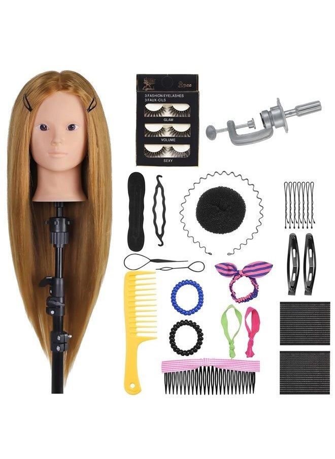 Neverland Beauty & Health - Mannequin Head with 50% Real Human Hair, 28 Inch Make up Cosmetology Manikin Practice Head with Hair,Braiding Hairdressing Doll Head for Hair Styling with Table Clamp + DIY Hair Styling Set - Image 1
