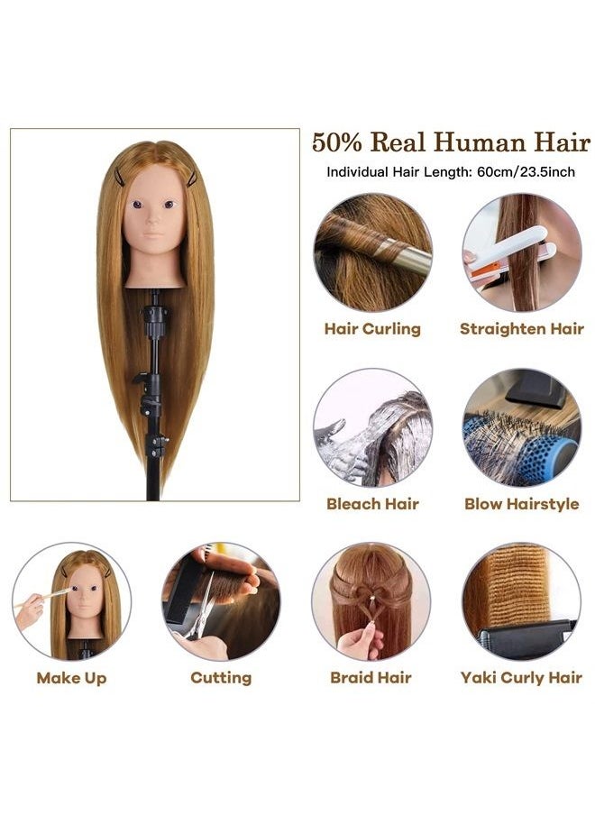 Neverland Beauty & Health - Mannequin Head with 50% Real Human Hair, 28 Inch Make up Cosmetology Manikin Practice Head with Hair,Braiding Hairdressing Doll Head for Hair Styling with Table Clamp + DIY Hair Styling Set - Image 1