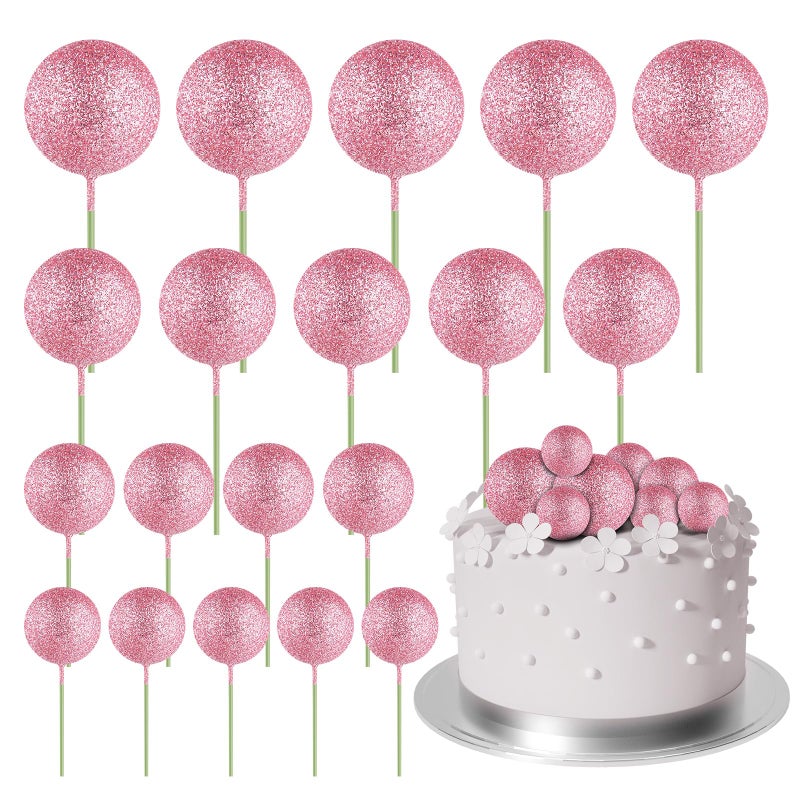 ASTARON 20 Pcs Mini Balloons Cake Topper Sticks Pink Glitter Balls Cake Picks for Wedding & Birthday - Image 1