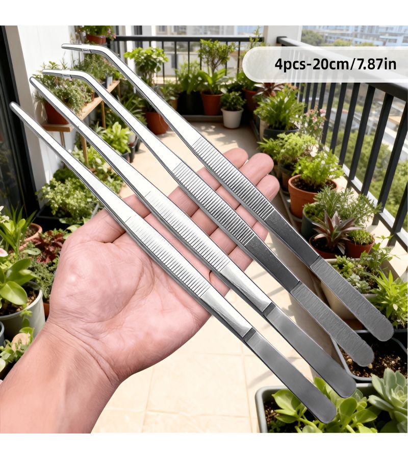 Stainless Steel Tweezers Set 4pcs Straight Curved Tips Long Pliers Bonsai Aquarium - Image 1