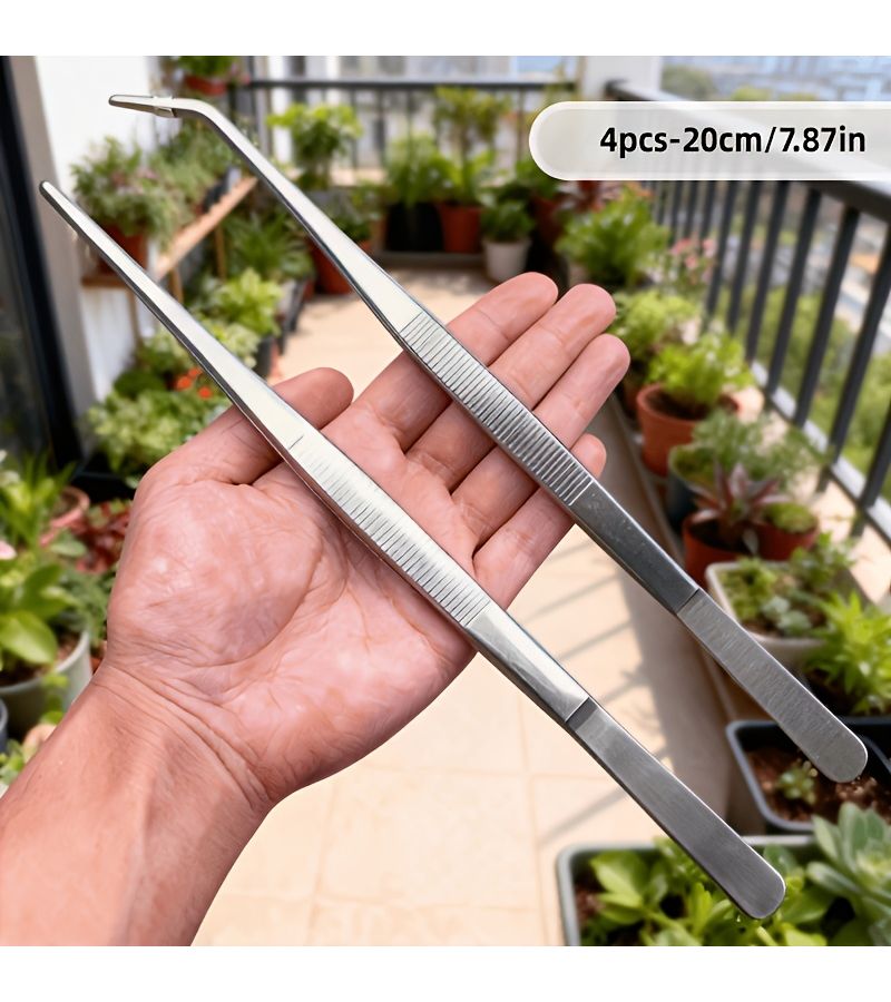 Stainless Steel Tweezers Set 4pcs Straight Curved Tips Long Pliers Bonsai Aquarium - Image 2