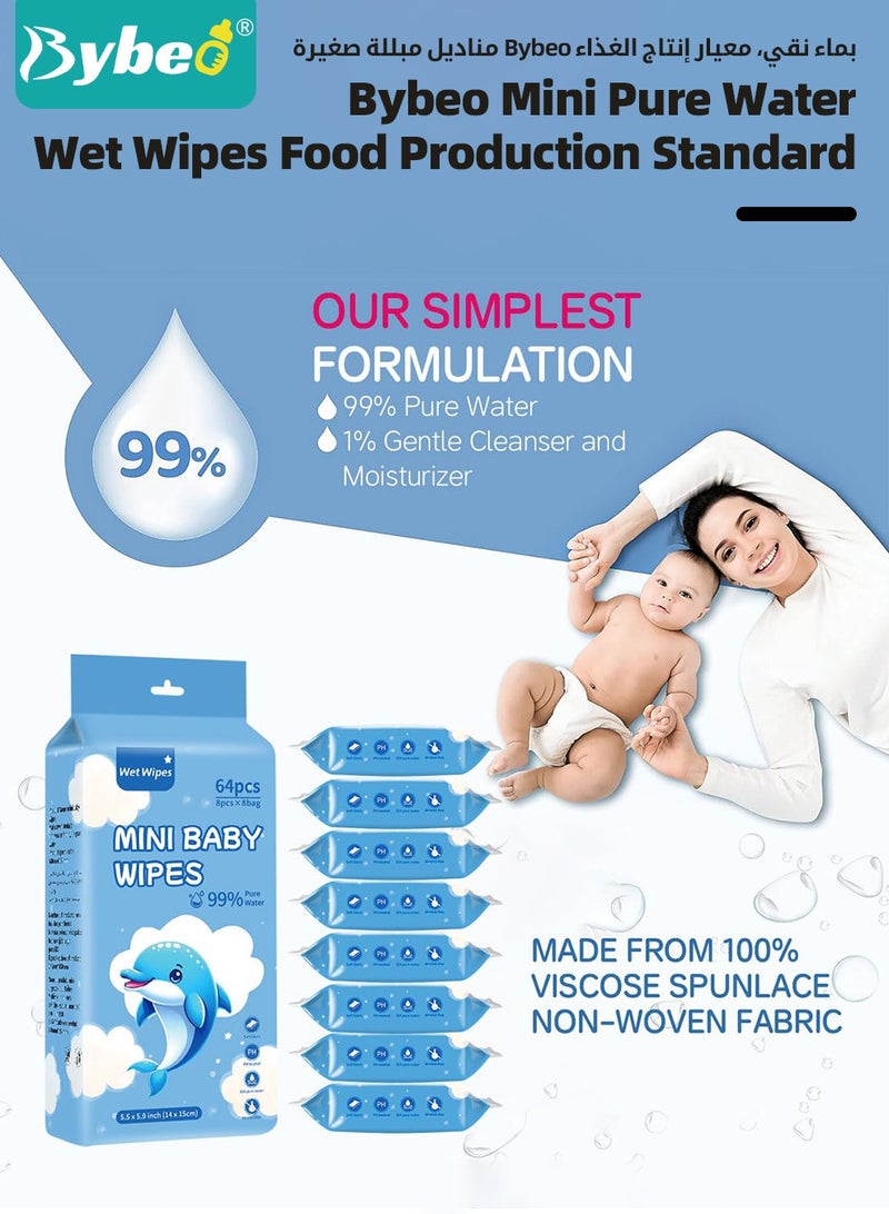 Bybeo Baby Wipes, 99% Pure Water Wipes, Alcohol and Paraben Free, Ultra Soft & Gentle Wet Wipes for Sensitive & Delicate Skin, Portable Mini Individual Package for Travel and Outdoors, 64 Pack x 8 (512 Wipes) - Image 2