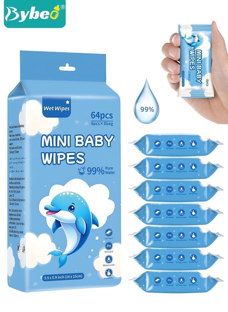 Bybeo Baby Wipes, 99% Pure Water Wipes, Alcohol and Paraben Free, Ultra Soft & Gentle Wet Wipes for Sensitive & Delicate Skin, Portable Mini Individual Package for Travel and Outdoors, 64 Pack x 8 (512 Wipes) - Image 1
