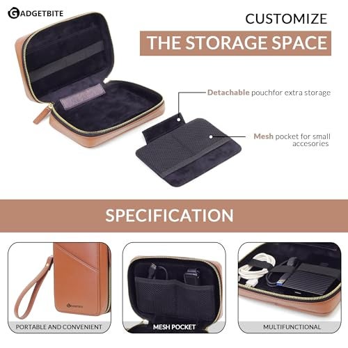 GadgetBite Faux Leather Travel Accessories Organiser Portable Gadget Storage Bag for Passport IDs USB Cable Earphone Power Bank Charger Hard Disk & Digital Gadgets Regular Zippered Tech Kit - Tan - Image 3