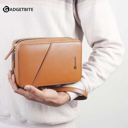GadgetBite Faux Leather Travel Accessories Organiser Portable Gadget Storage Bag for Passport IDs USB Cable Earphone Power Bank Charger Hard Disk & Digital Gadgets Regular Zippered Tech Kit - Tan - Image 4