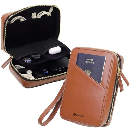 GadgetBite Faux Leather Travel Accessories Organiser Portable Gadget Storage Bag for Passport IDs USB Cable Earphone Power Bank Charger Hard Disk & Digital Gadgets Regular Zippered Tech Kit - Tan - Image 1