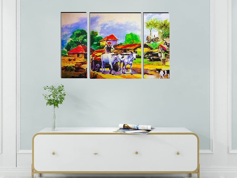 Indianara Set of 3 Indian Village MDF Art Painting (3571FL) without glass 4.5 X 12, 9 X 12, 4.5 X 12 INCH - Image 3
