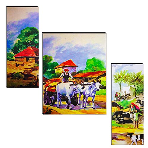 Indianara Set of 3 Indian Village MDF Art Painting (3571FL) without glass 4.5 X 12, 9 X 12, 4.5 X 12 INCH - Image 1