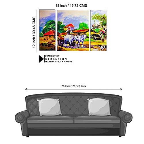 Indianara Set of 3 Indian Village MDF Art Painting (3571FL) without glass 4.5 X 12, 9 X 12, 4.5 X 12 INCH - Image 2