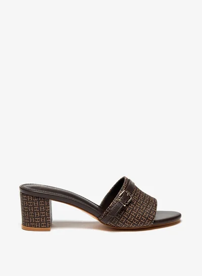 Flora Bella By Shoexpress Women Monogram Print Slip-On Sandals with Block Heels and Buckle Accent