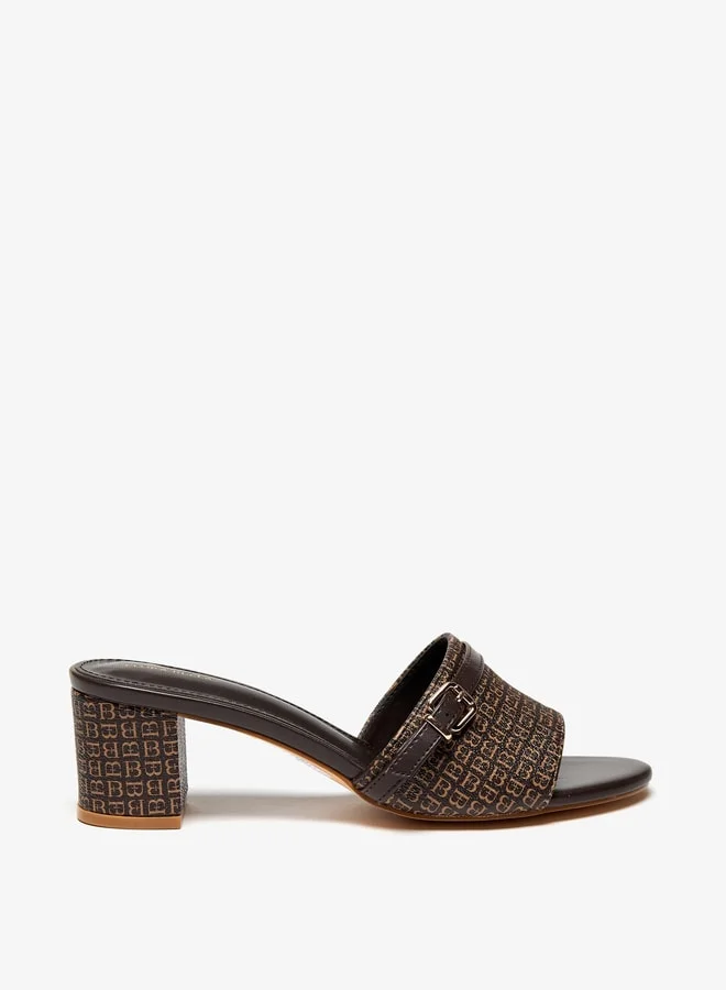 Flora Bella By Shoexpress Women Monogram Print Slip-On Sandals with Block Heels and Buckle Accent