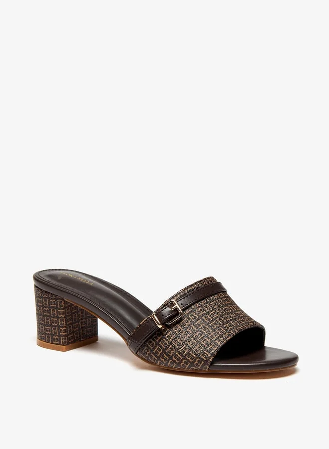 Flora Bella By Shoexpress Women Monogram Print Slip-On Sandals with Block Heels and Buckle Accent
