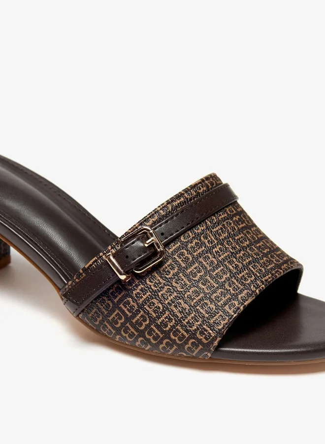 Flora Bella By Shoexpress Women Monogram Print Slip-On Sandals with Block Heels and Buckle Accent