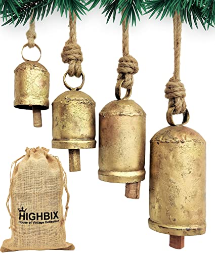 HIGHBIX Rustic Christmas Hanging Bells – Handmade Iron Bell Set on Jute Rope – Vintage Shabby Chic Door & Wall Decor – HIGHBIX Farmhouse Holiday Decoration (4) - Image 1